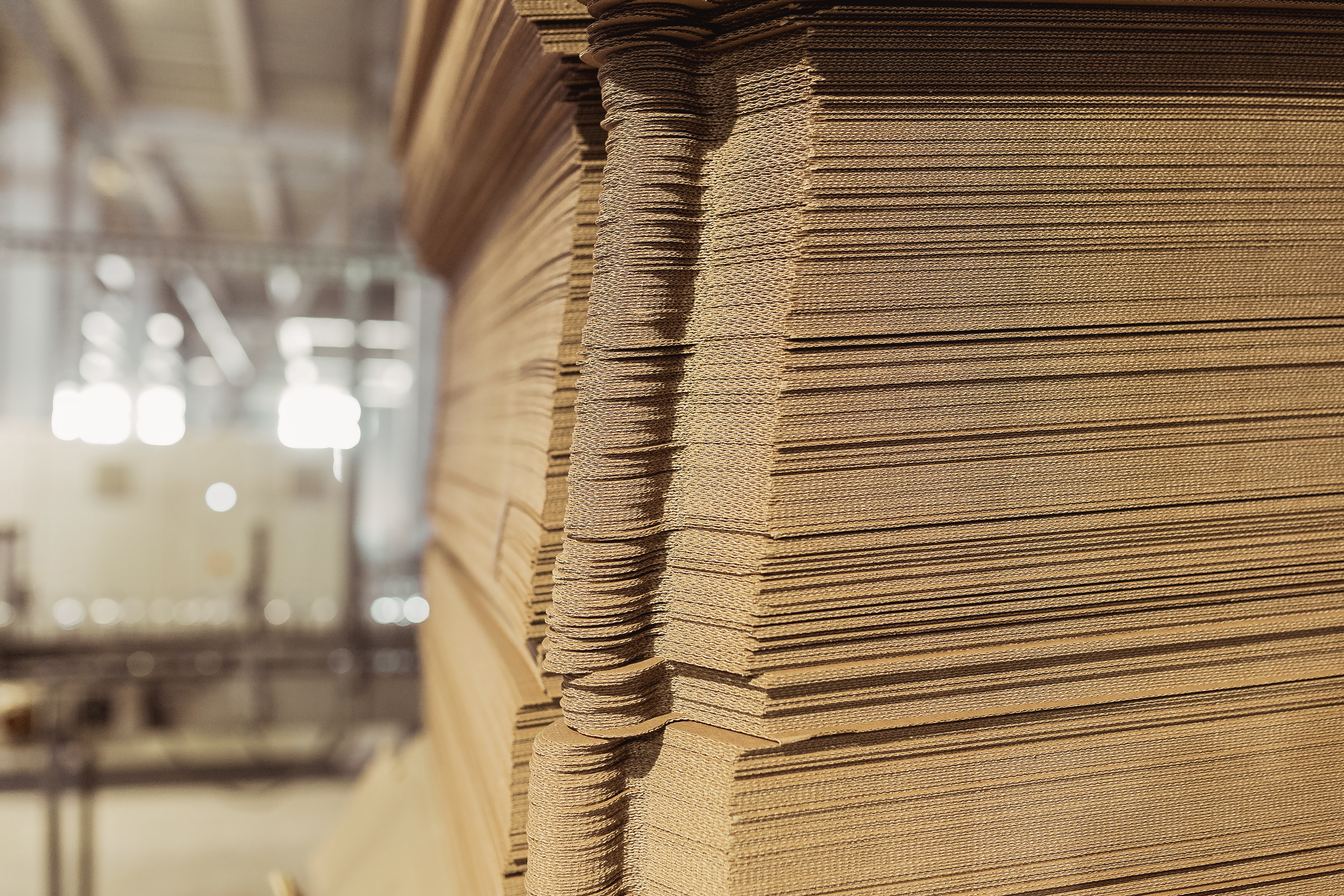 Perforated sheets of corrugated cardboard by stack on pallets - after assembly it will be cardboard boxes. Packaging of finished products in industrial production.